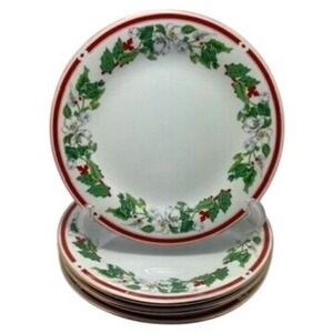 Vintage Lynns St Maria Bread Dessert Plates Set Of 4 Christmas‎ Holly Fine China